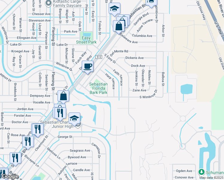 map of restaurants, bars, coffee shops, grocery stores, and more near 290 South Wimbrow Drive in Sebastian