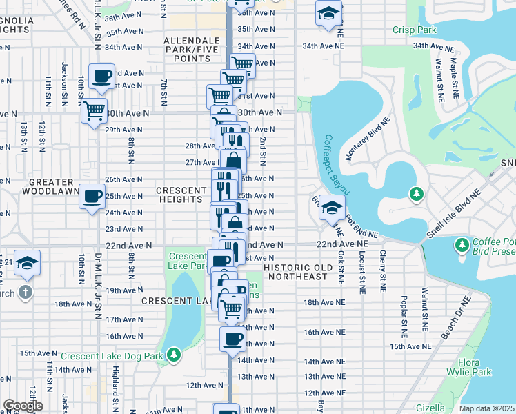 map of restaurants, bars, coffee shops, grocery stores, and more near 200 24th Avenue North in St. Petersburg