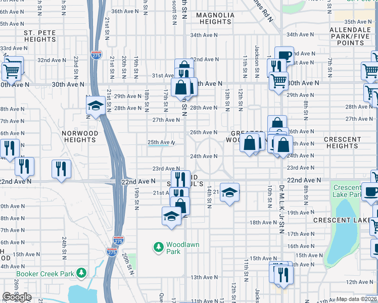 map of restaurants, bars, coffee shops, grocery stores, and more near 2327 16th Street North in St. Petersburg