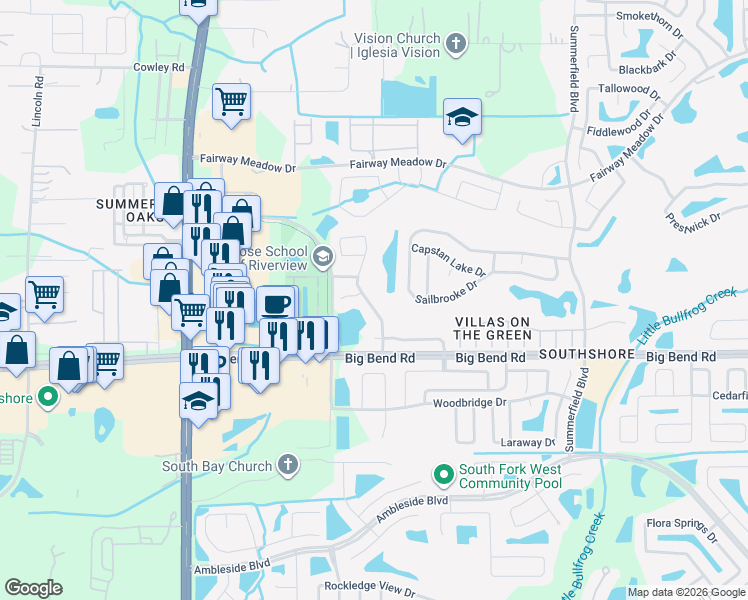 map of restaurants, bars, coffee shops, grocery stores, and more near 13119 Fennway Ridge Drive in Riverview