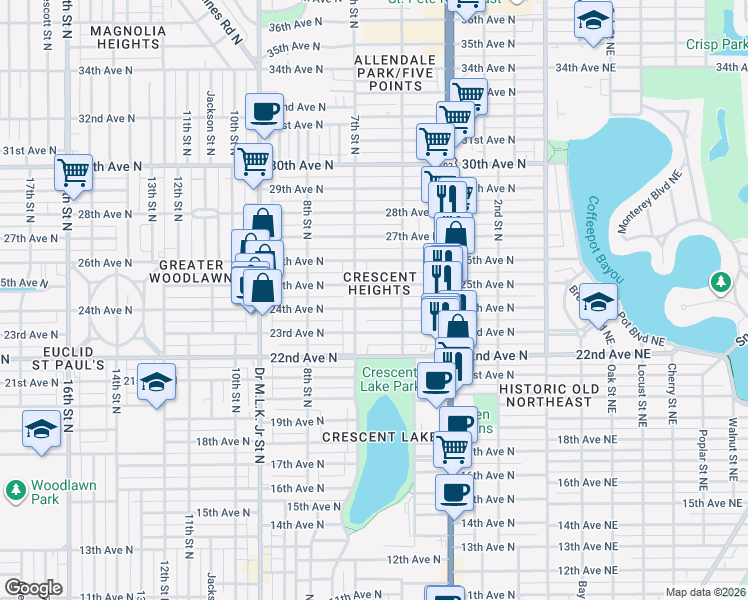 map of restaurants, bars, coffee shops, grocery stores, and more near 2319 7th Street North in St. Petersburg