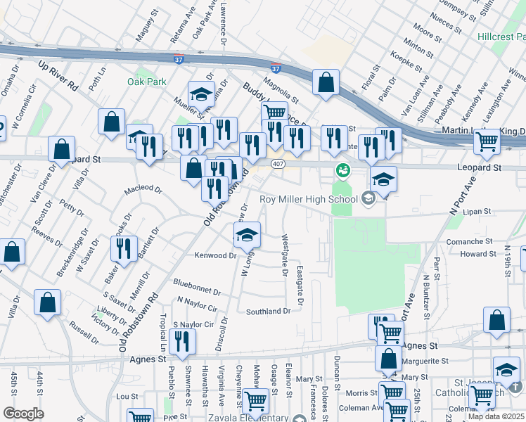 map of restaurants, bars, coffee shops, grocery stores, and more near 419 East Longview Street in Corpus Christi