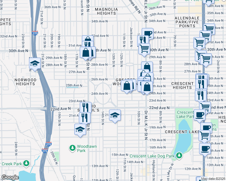 map of restaurants, bars, coffee shops, grocery stores, and more near 1224 Greenwood Avenue North in St. Petersburg