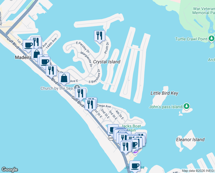 map of restaurants, bars, coffee shops, grocery stores, and more near 500 Normandy Road in Madeira Beach