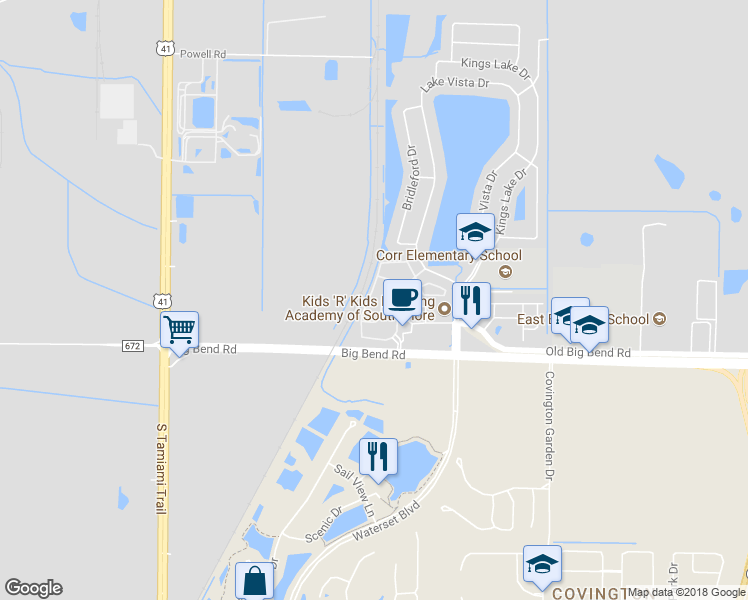 map of restaurants, bars, coffee shops, grocery stores, and more near 12835 Kings Crossing Drive in Gibsonton