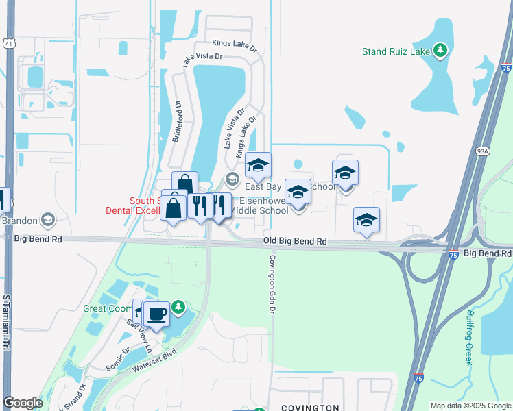 map of restaurants, bars, coffee shops, grocery stores, and more near 13020 Kings Lake Drive in Gibsonton