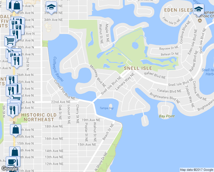 map of restaurants, bars, coffee shops, grocery stores, and more near 245 Mateo Way Northeast in St. Petersburg