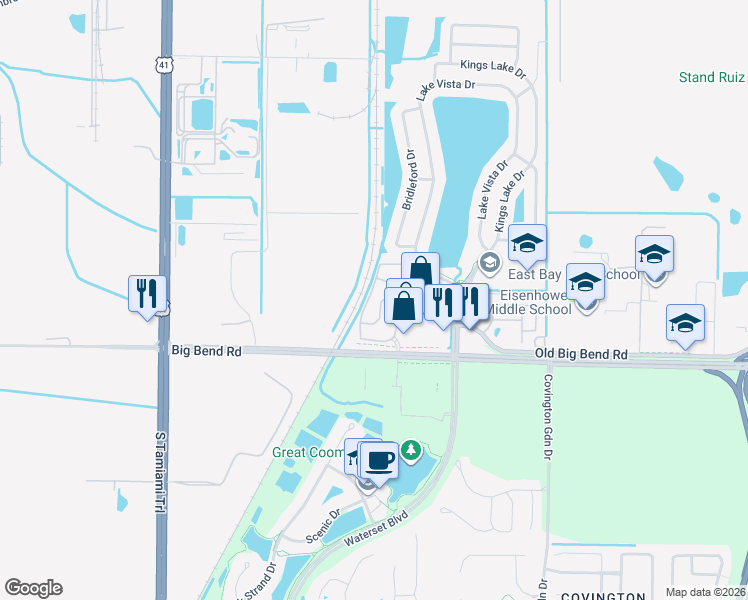 map of restaurants, bars, coffee shops, grocery stores, and more near 12859 Kings Crossing Drive in Gibsonton