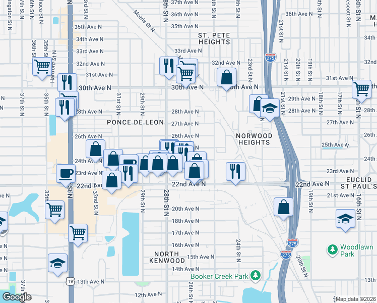 map of restaurants, bars, coffee shops, grocery stores, and more near 2600 25th Avenue North in Saint Petersburg