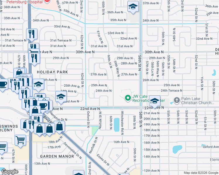map of restaurants, bars, coffee shops, grocery stores, and more near 2445 60th Way North in St. Petersburg