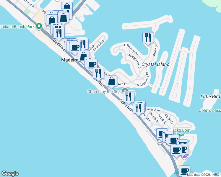map of restaurants, bars, coffee shops, grocery stores, and more near in Madeira Beach