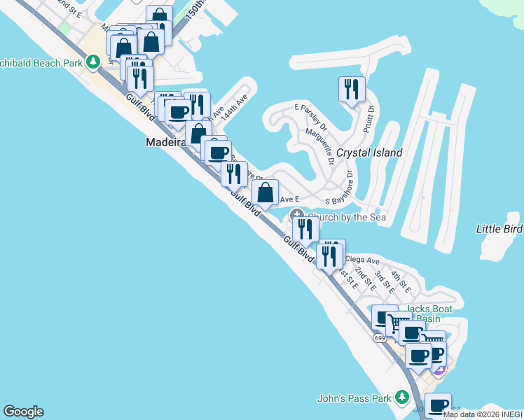 map of restaurants, bars, coffee shops, grocery stores, and more near in Madeira Beach