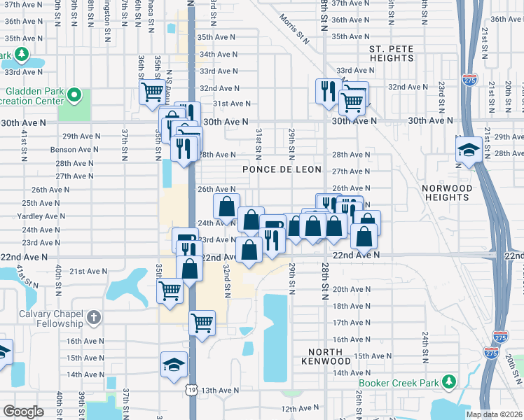 map of restaurants, bars, coffee shops, grocery stores, and more near 3050 26th Avenue North in St. Petersburg