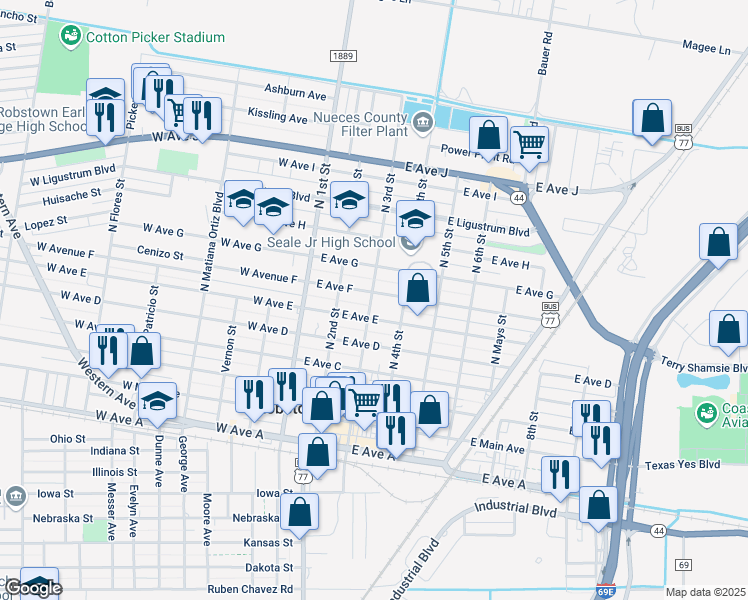 map of restaurants, bars, coffee shops, grocery stores, and more near 305 East Avenue F in Robstown