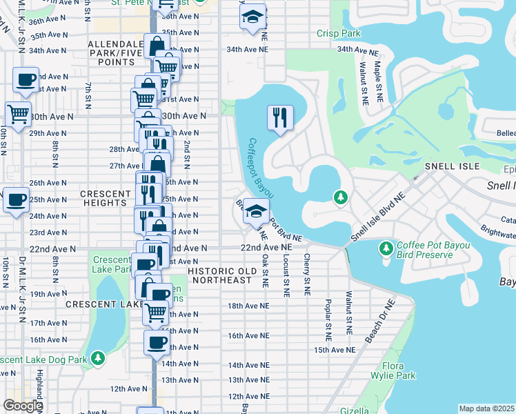 map of restaurants, bars, coffee shops, grocery stores, and more near 2310 Coffee Pot Boulevard Northeast in St. Petersburg