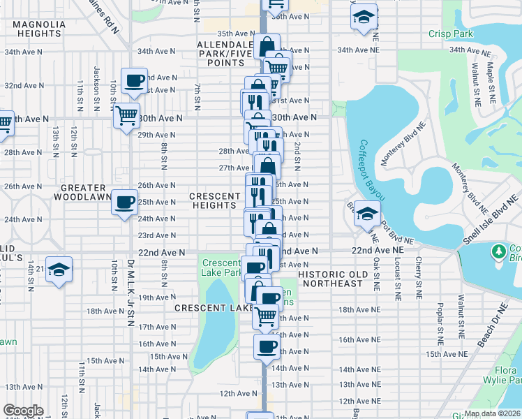 map of restaurants, bars, coffee shops, grocery stores, and more near 415 24th Avenue North in Saint Petersburg