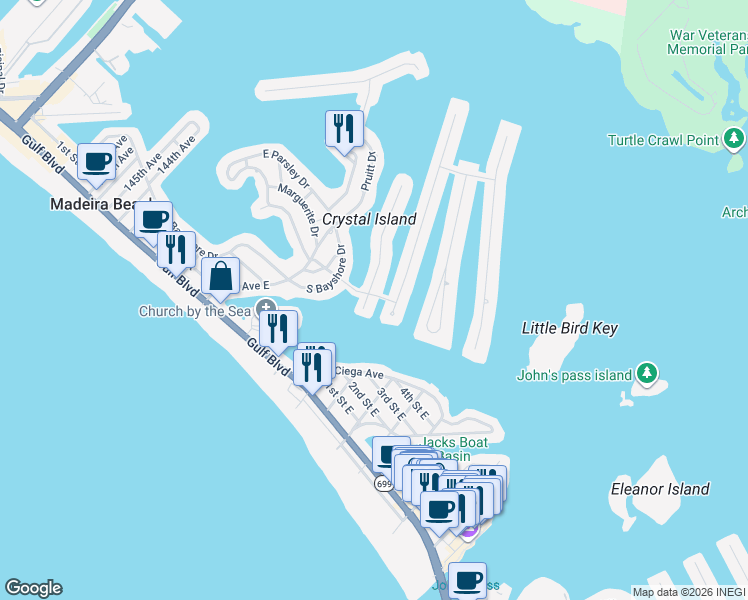 map of restaurants, bars, coffee shops, grocery stores, and more near 504 Crystal Drive in Madeira Beach