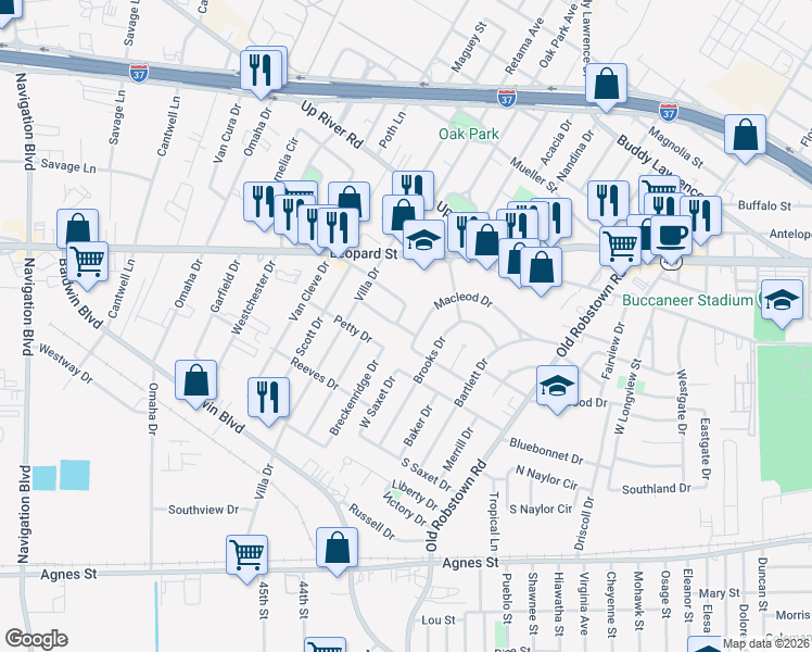 map of restaurants, bars, coffee shops, grocery stores, and more near in CORP CHRISTI