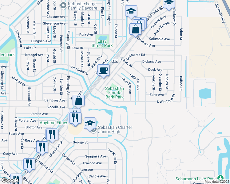 map of restaurants, bars, coffee shops, grocery stores, and more near 245 Keen Terrace in Sebastian