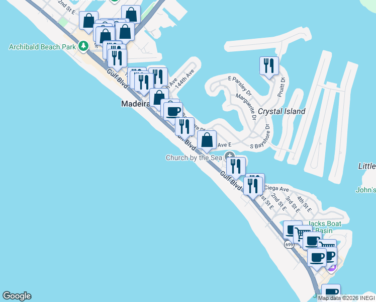 map of restaurants, bars, coffee shops, grocery stores, and more near 14050 Gulf Boulevard in Madeira Beach