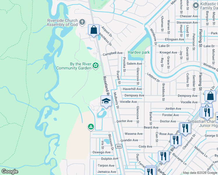 map of restaurants, bars, coffee shops, grocery stores, and more near 619 Roseland Road in Sebastian