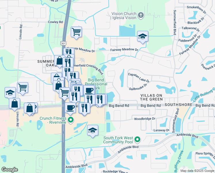 map of restaurants, bars, coffee shops, grocery stores, and more near 10804 Wrigley Court in Riverview