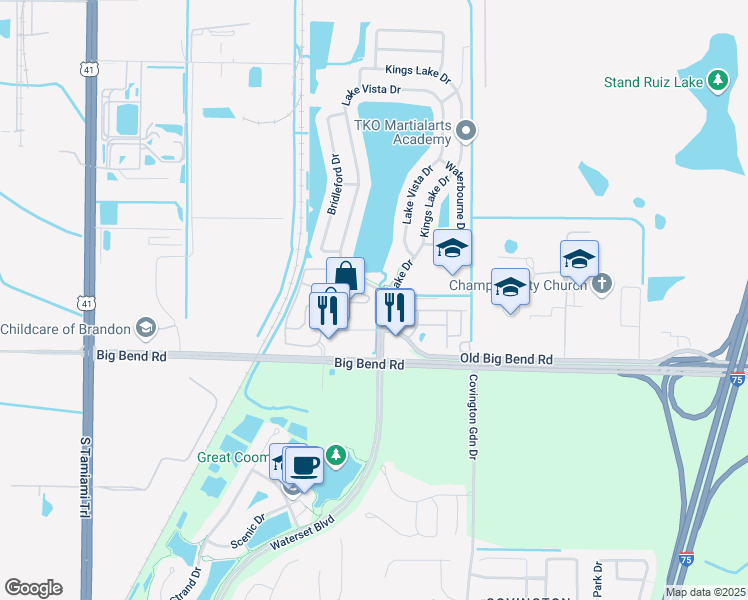 map of restaurants, bars, coffee shops, grocery stores, and more near 13129 Lake Vista Drive in Gibsonton