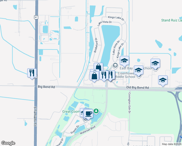 map of restaurants, bars, coffee shops, grocery stores, and more near 6764 Lake Rochester Lane in Gibsonton