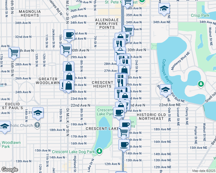 map of restaurants, bars, coffee shops, grocery stores, and more near 511 25th Avenue North in St. Petersburg