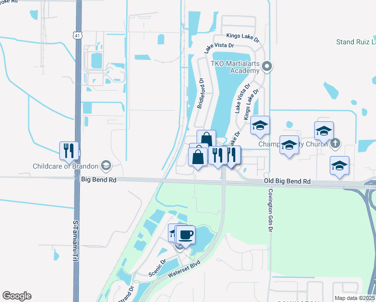 map of restaurants, bars, coffee shops, grocery stores, and more near 6754 Lake Rochester Lane in Gibsonton