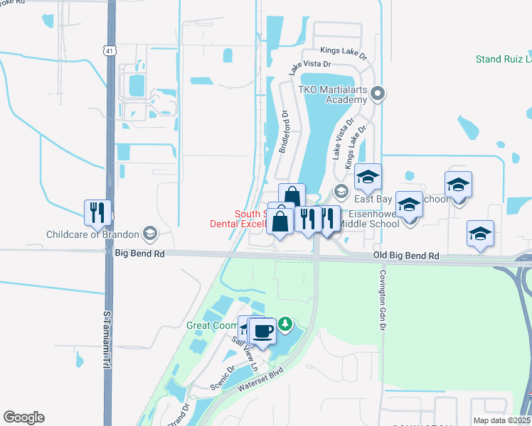 map of restaurants, bars, coffee shops, grocery stores, and more near 12859 Kings Crossing Drive in Gibsonton