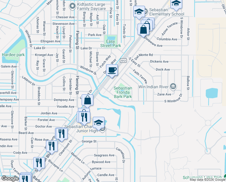 map of restaurants, bars, coffee shops, grocery stores, and more near 461 Del Monte Road in Sebastian