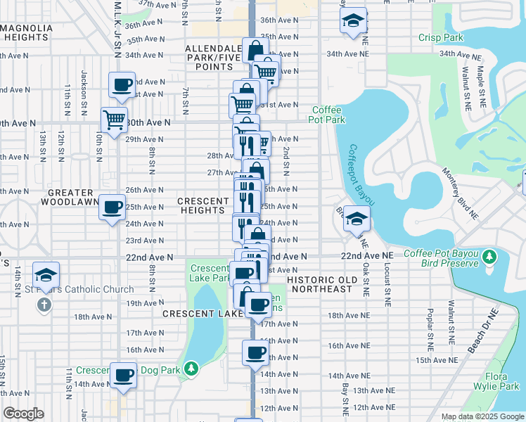 map of restaurants, bars, coffee shops, grocery stores, and more near 2501 4th Street North in St. Petersburg