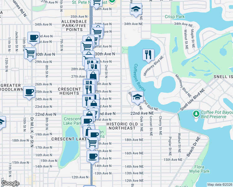 map of restaurants, bars, coffee shops, grocery stores, and more near 127 25th Avenue North in St. Petersburg