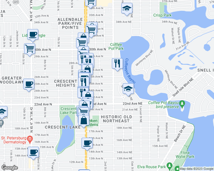 map of restaurants, bars, coffee shops, grocery stores, and more near 127 25th Avenue North in St. Petersburg