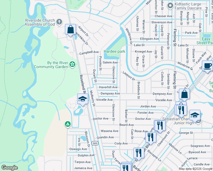 map of restaurants, bars, coffee shops, grocery stores, and more near 858 Haverhill Avenue in Sebastian
