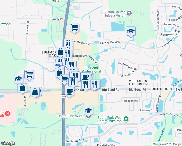 map of restaurants, bars, coffee shops, grocery stores, and more near 13110 Elk Mountain Drive in Riverview