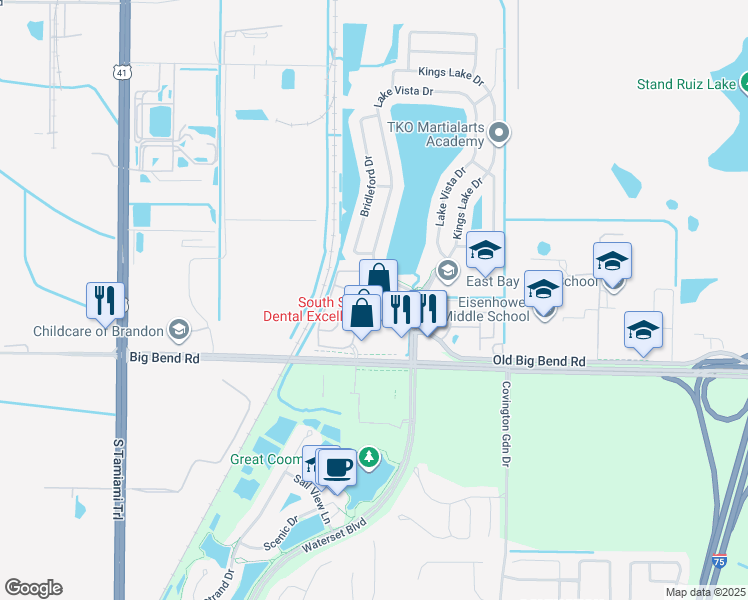 map of restaurants, bars, coffee shops, grocery stores, and more near 13013 Kings Crossing Drive in Gibsonton