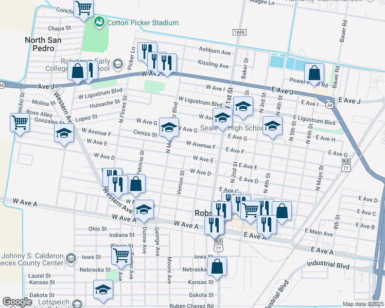 map of restaurants, bars, coffee shops, grocery stores, and more near 128 West Avenue F in Robstown