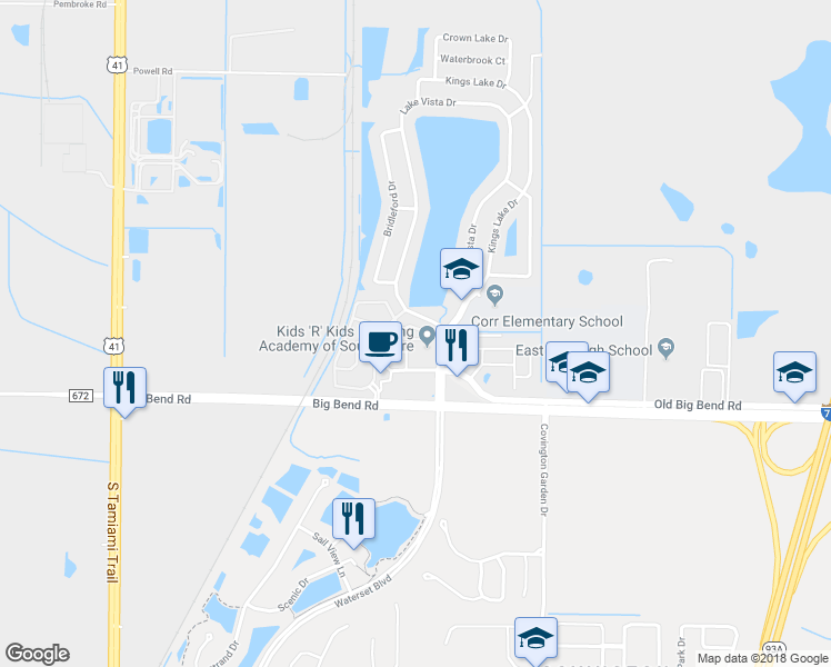 map of restaurants, bars, coffee shops, grocery stores, and more near 13036 Kings Crossing Drive in Gibsonton