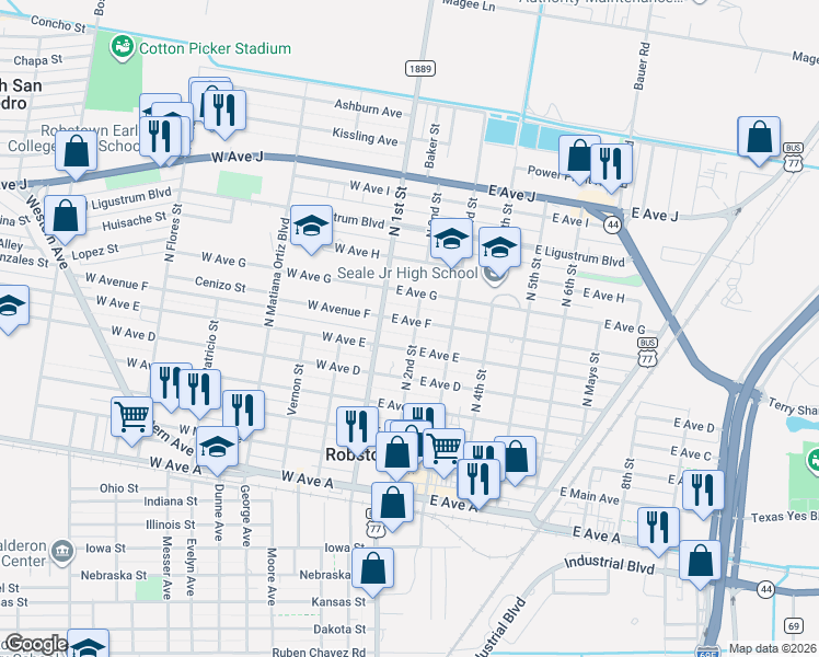 map of restaurants, bars, coffee shops, grocery stores, and more near 201 East Avenue F in Robstown