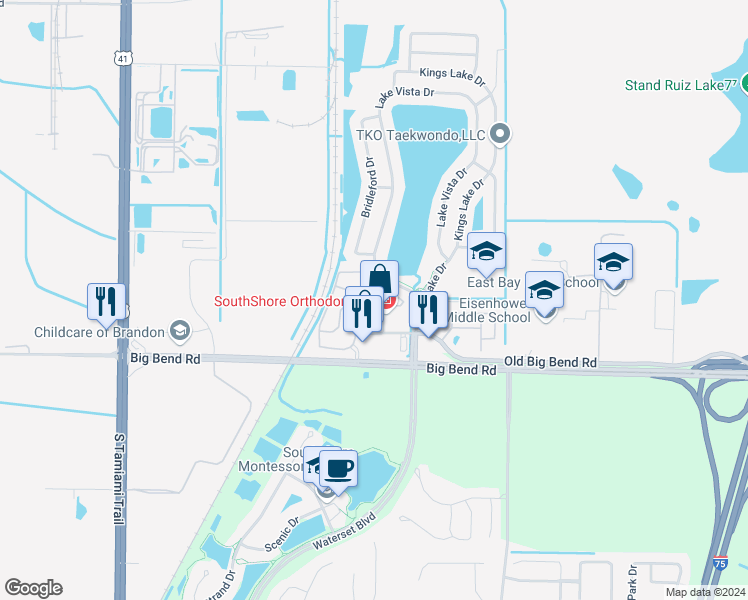 map of restaurants, bars, coffee shops, grocery stores, and more near 13011 Kings Crossing Drive in Gibsonton