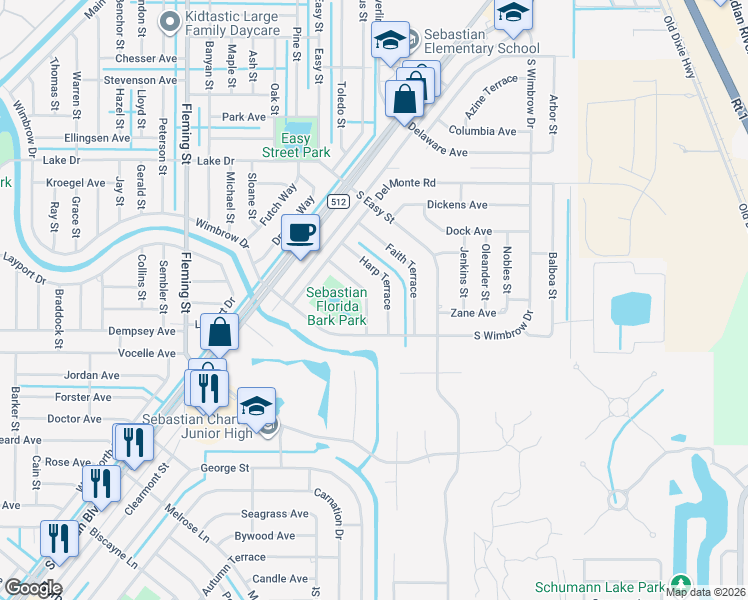 map of restaurants, bars, coffee shops, grocery stores, and more near 285 Harp Terrace in Sebastian