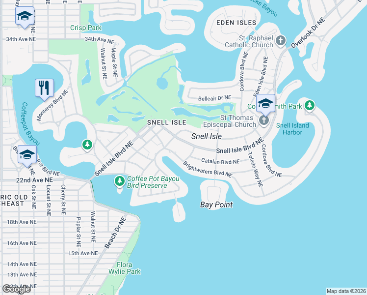 map of restaurants, bars, coffee shops, grocery stores, and more near 835 Snell Isle Boulevard Northeast in St. Petersburg