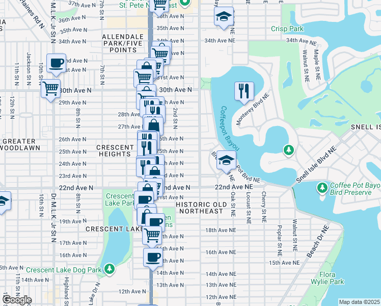 map of restaurants, bars, coffee shops, grocery stores, and more near 127 25th Avenue North in St. Petersburg