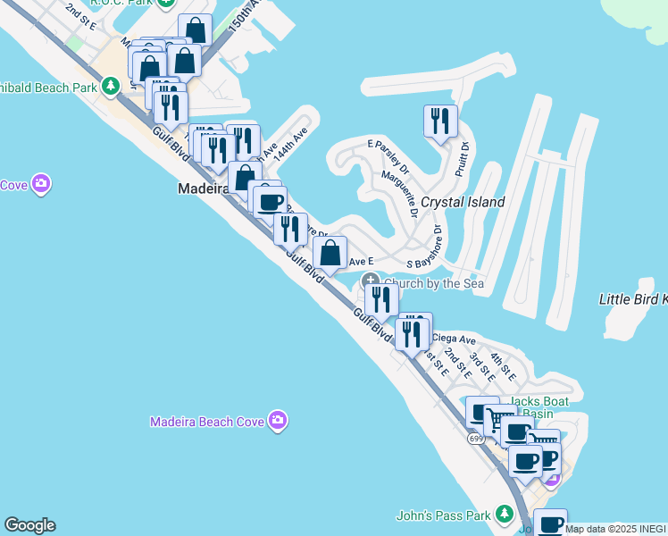 map of restaurants, bars, coffee shops, grocery stores, and more near in Madeira Beach