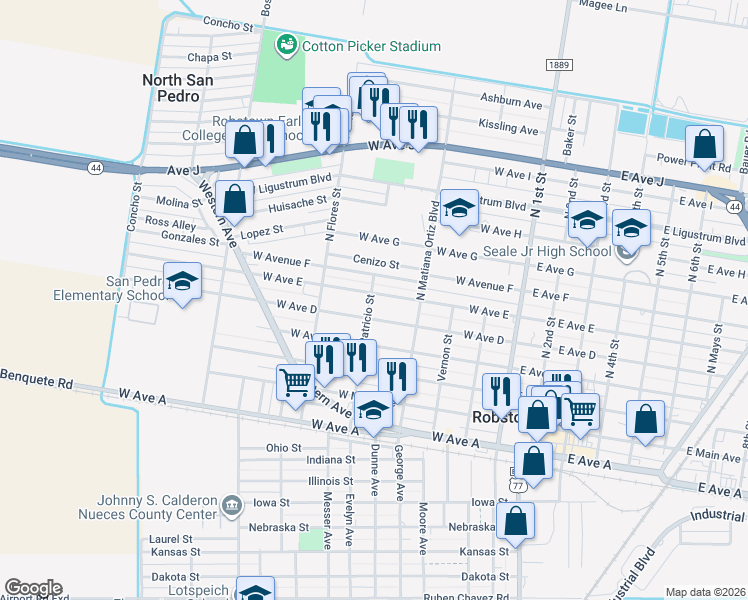 map of restaurants, bars, coffee shops, grocery stores, and more near 425 West Avenue East in Robstown