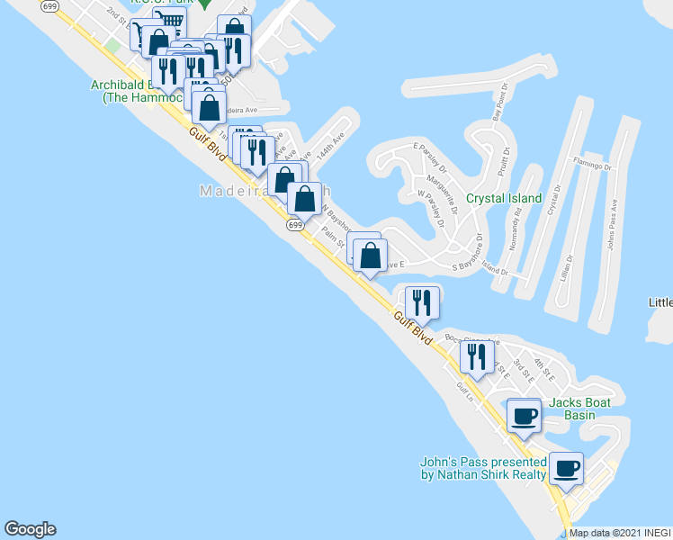 map of restaurants, bars, coffee shops, grocery stores, and more near 14048 Gulf Boulevard in Madeira Beach