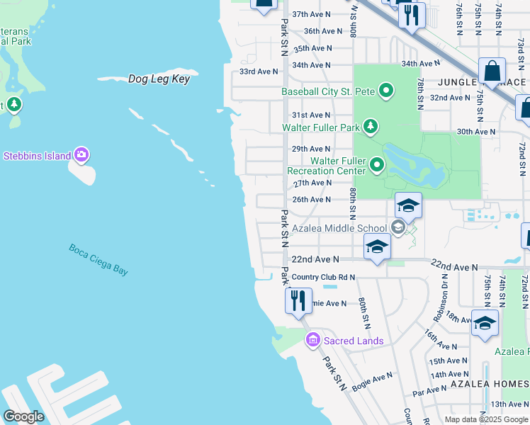 map of restaurants, bars, coffee shops, grocery stores, and more near 8250 25th Avenue North in St. Petersburg