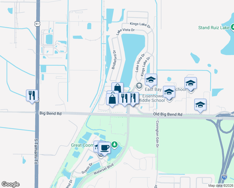 map of restaurants, bars, coffee shops, grocery stores, and more near 13037 Kings Crossing Drive in Gibsonton